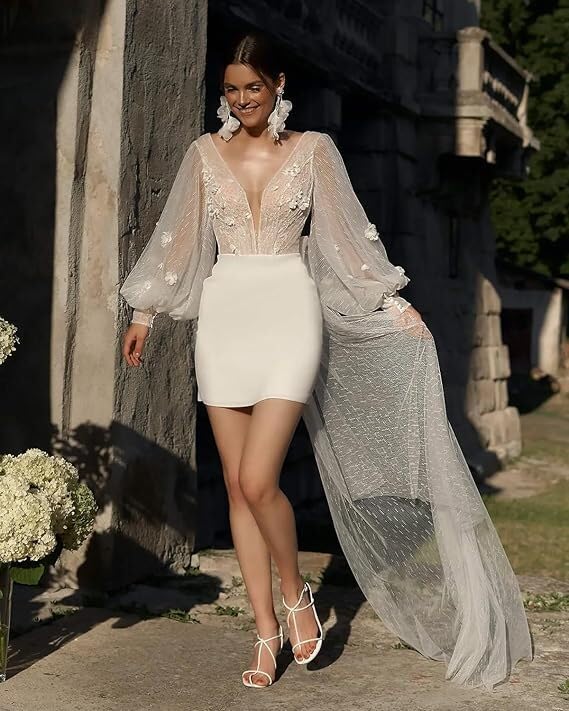 RYANTH Long Sleeves Mermaid Short Wedding Dresses with Applique V Neck Beach Bridal Gowns Satin Garden Reception Dress BW0184