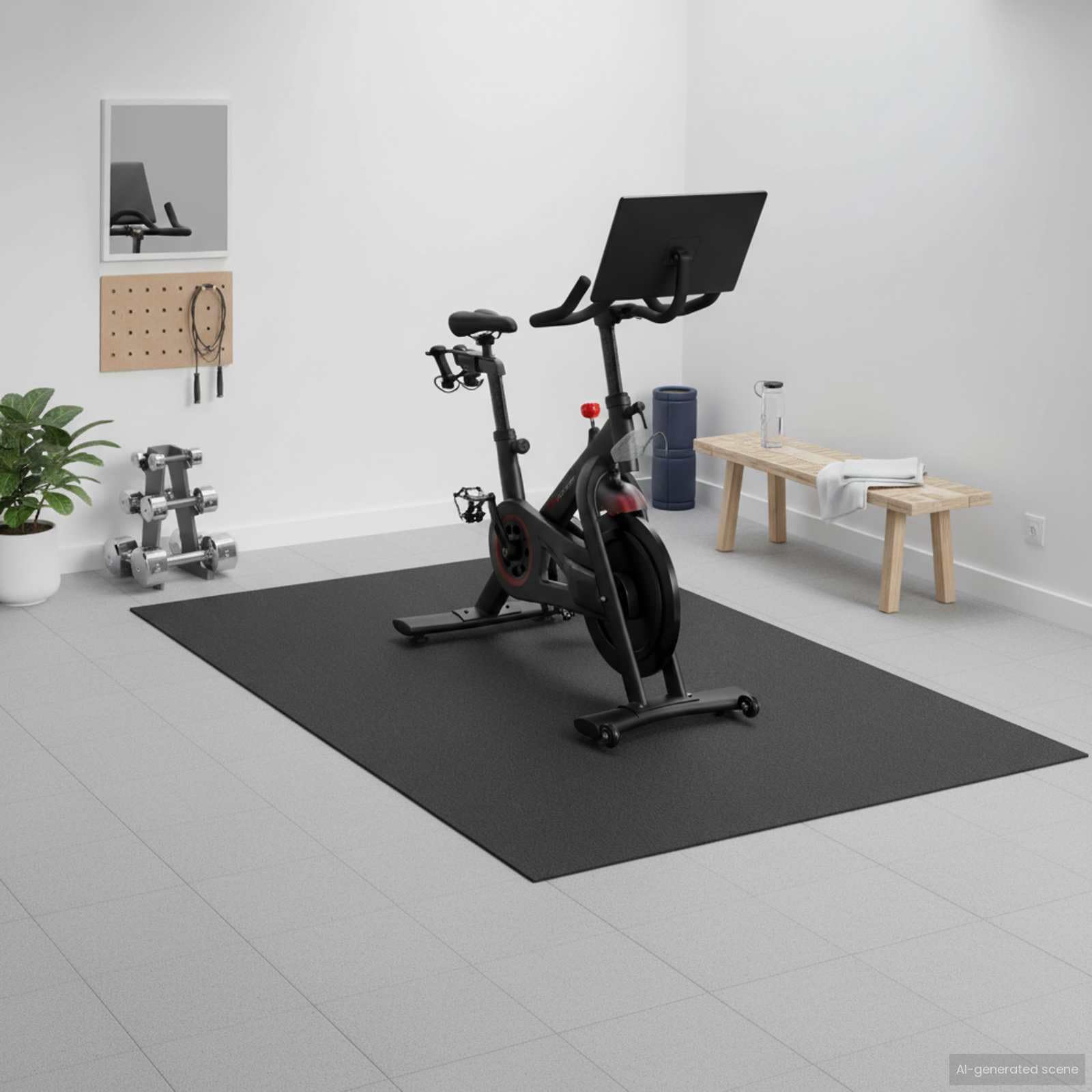 Sportowa mata ochronna z gęstego PCW, czarna, 243 x 152 x 0,6 cm, na bieżnię, trenażer domowy, trenażer, antypoślizgowa, tłumi wibracje, izolacja akustyczna i ochrona podłogi w