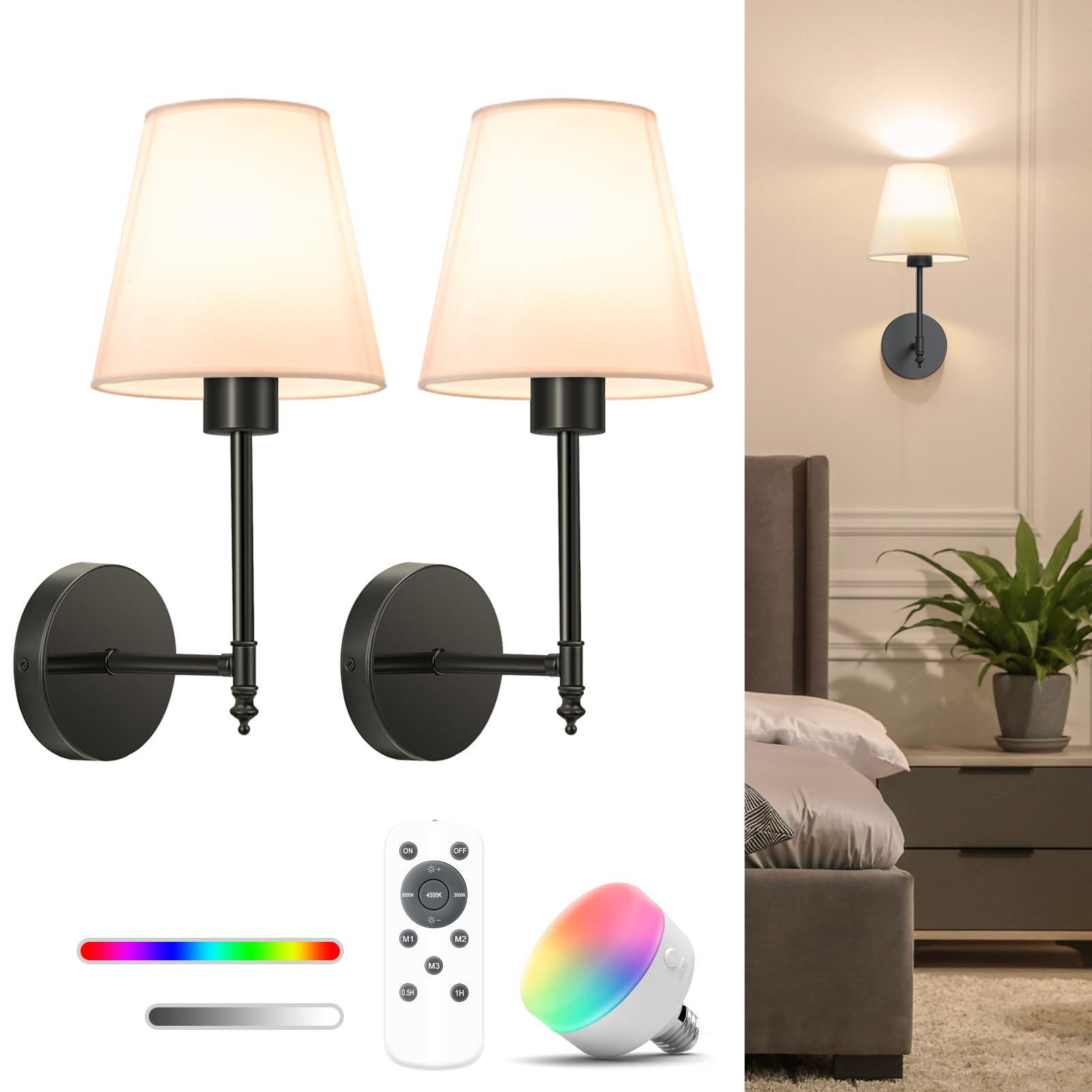 NIORSUN 14.5 inch Battery Operated Wall Sconce Set of 2,Black Rechargeable Wall Lights with 5200mAh Dimmable Detachable Bulbs and Remote,9 Colors Wireless Sconces for Bedroom Living Room Hallway Decor