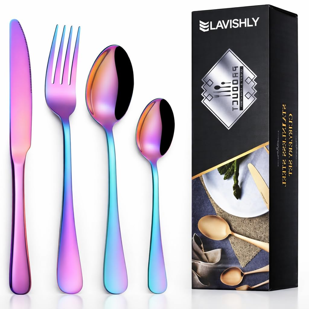 24-Piece Rainbow Stainless Steel Flatware Set, LAVISHLY Mirror Polished Cutlery for 6 People, Durable & Dishwasher Safe Tableware