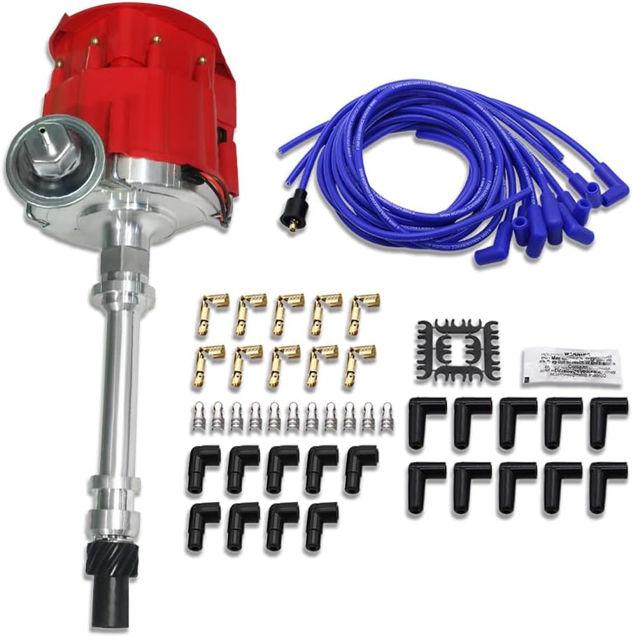 Flat Cap HEI Ignition Distributor 65K Coil & Blue 8.5mm Spark Plug Wires Fit Chevy SBC 350 BBC 454 (OE: 1035001, JM6500R)