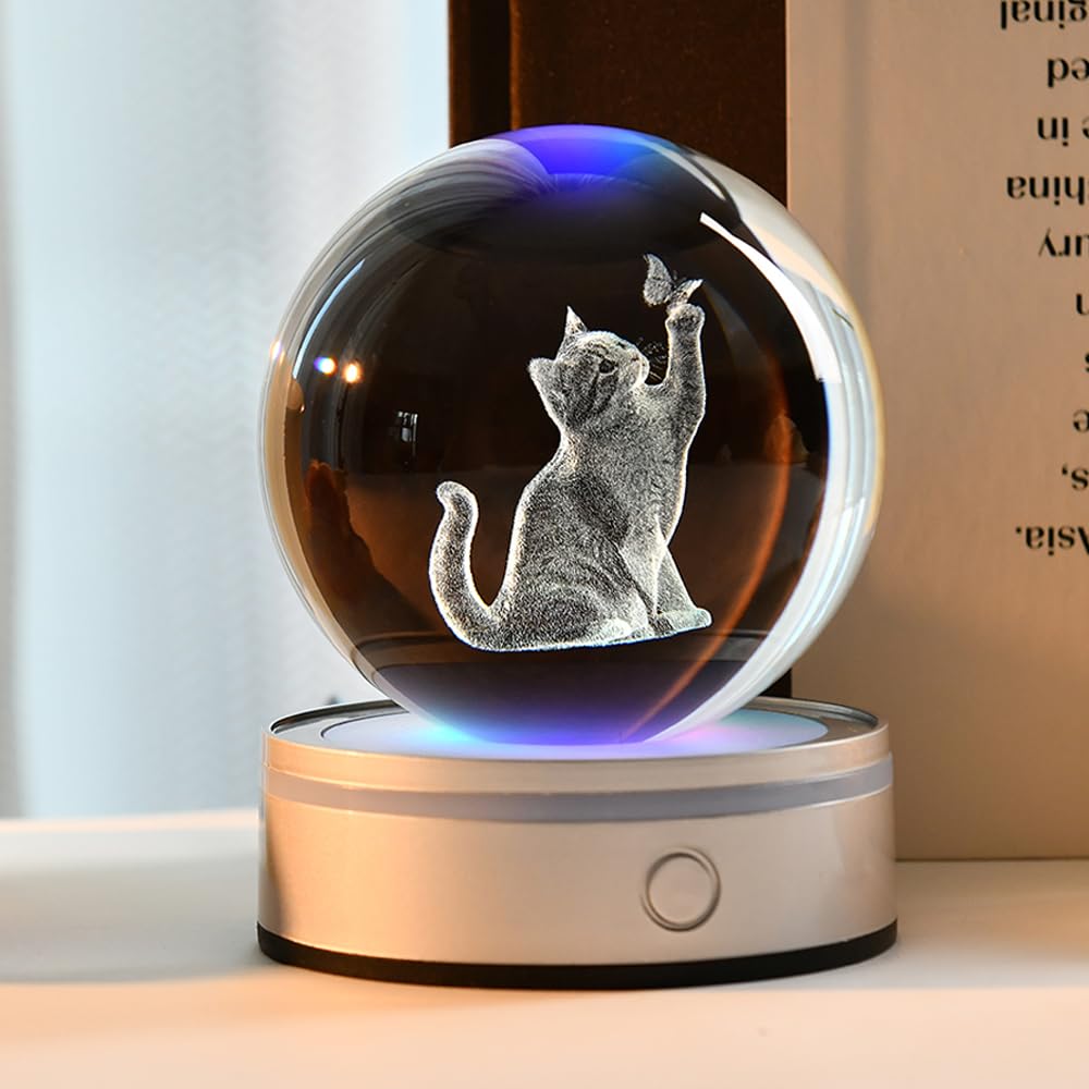 ZRENJHUS 3D Cat Crystal Ball Gifts for Women 80mm Cat Lover Gift for Her Glass Sphere Kitten Night — view 3