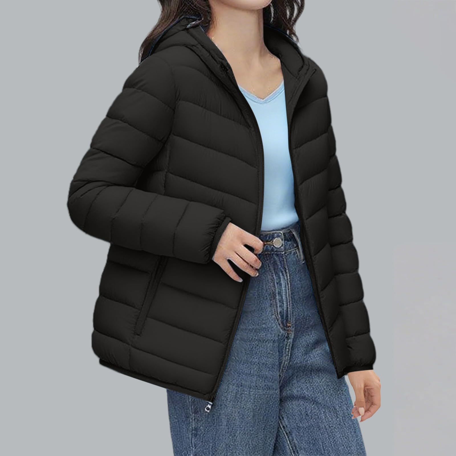 Generisch Chaqueta acolchada ligera con capucha para mujer, chaqueta de plumón, ultraligera, con bolsillos, chaqueta de entretiempo, chaqueta de entretiempo, abrigo acolchado extragrande, chaqueta