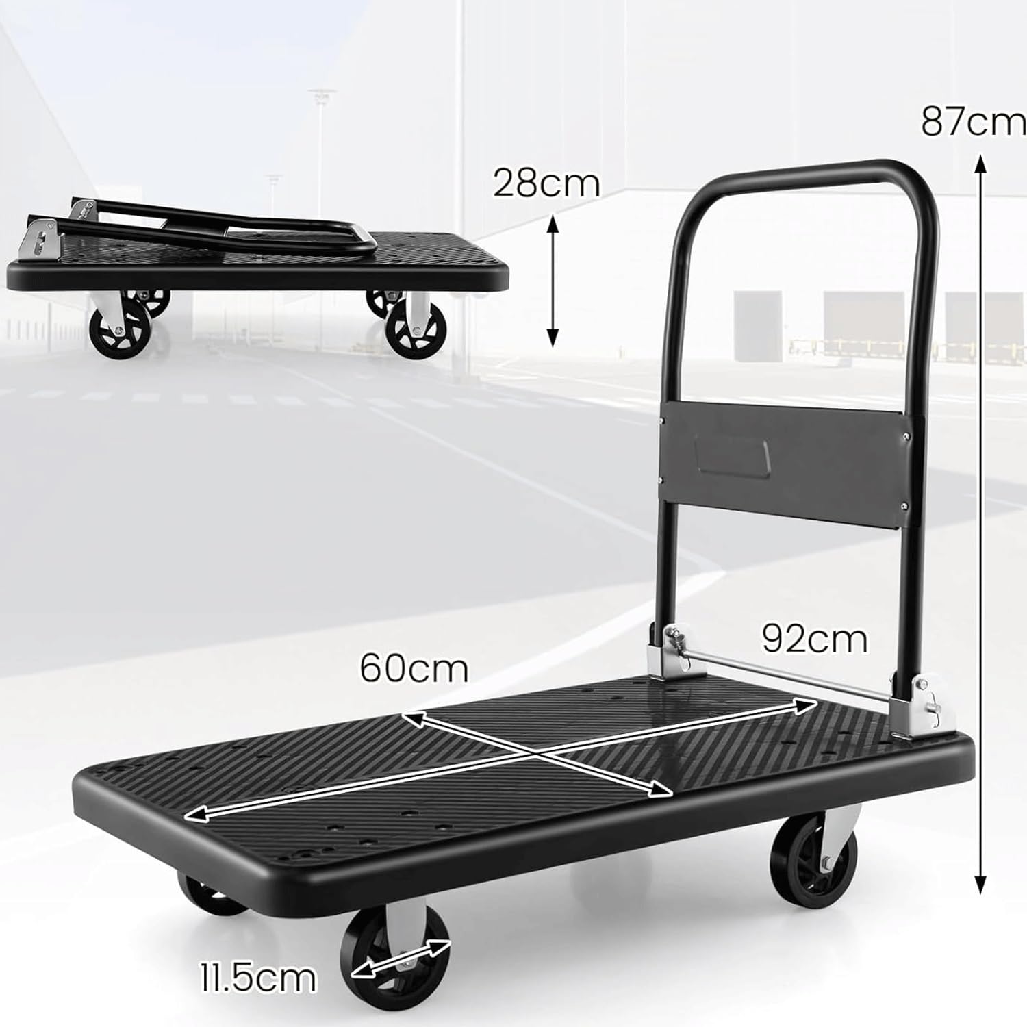 Carrello pieghevole resistente, capacità di carico 200 kg, ampia piattaforma con superficie antiscivolo e rotelle, ideale per magazzini, traslochi e trasporto merci