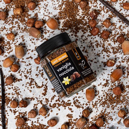 King Cup - 1 Glas à 50 Gr, löslicher Kaffee mit Vanille und Haselnuss, Sofort aromatisierter Kaffee mit extra Löslichkeit, Ideal für Frühstück, Brunch, Iced Coffee, Glutenfrei, Vegan