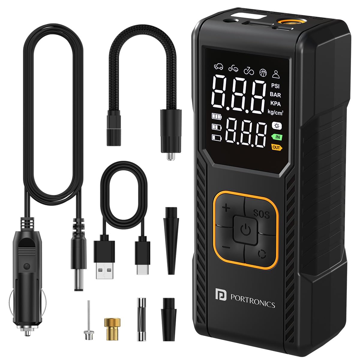 Portronics Vayu 9.0 Portable & Rechargeable Tyre Inflator with 2-in-1 Cordless & Corded Modes, 3×2000 mAh Battery, LED Display, Auto Shut-Off, Type-C Fast Charging,150 PSI for Car, Bike & Sports Balls