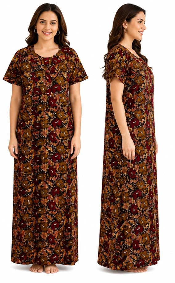 Image of Keyocean Women's Cotton Printed Maxi Nighty, Full Length Night Gown for Women, Comfortable Night Gown and Sleepwear, Free Size, Pack of 2