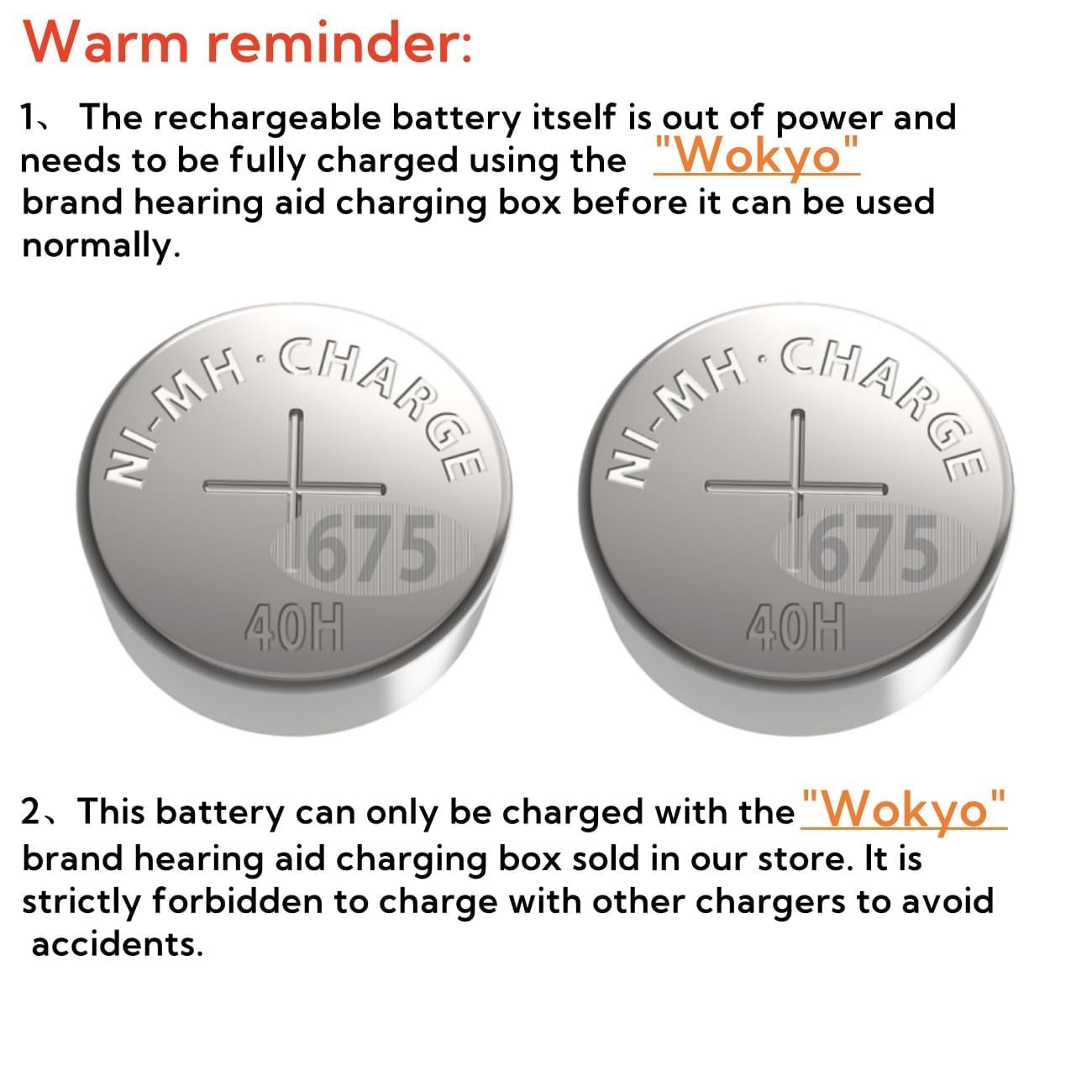 Wokyo Lot de 4 piles rechargeables 675 pour appareils auditifs 675, compatibles avec l'étui de chargement de la même marque uniquement