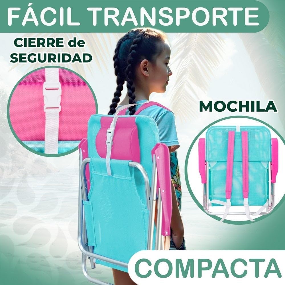 LOLAhome Silla Playa Camping Mochila Junior, Plegable de Aluminio y textileno Aguamarina, Silla Fija de 55x40x71 cm, con cojín Cervical Rosa, Correas Acolchadas y Ajustables