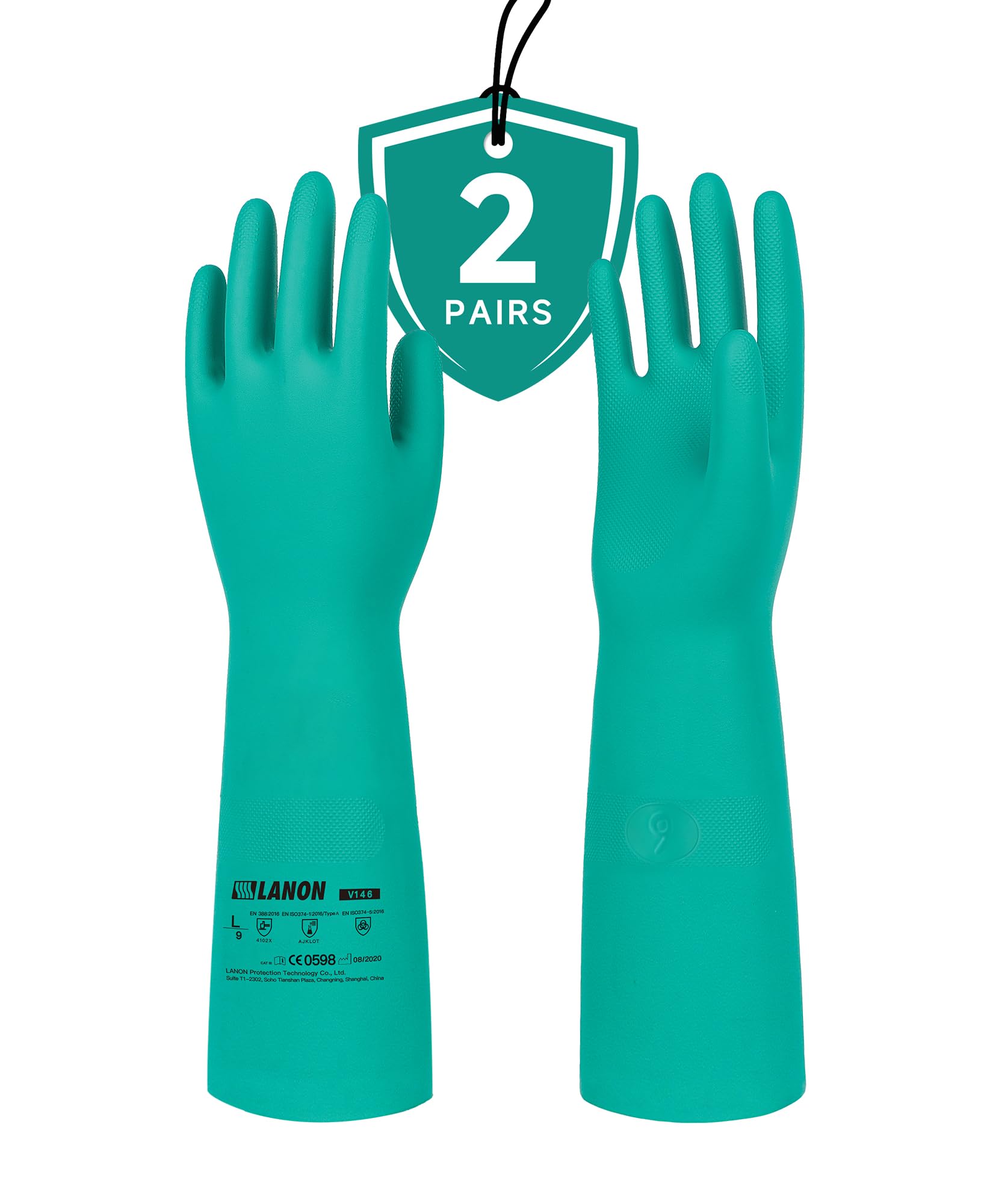 LANON - 2 paia di guanti in nitrile resistenti agli agenti chimici, riutilizzabili, resistenti, protezione da acidi, alcali e olio, lunghezza 45,7 cm, antiscivolo, taglia L