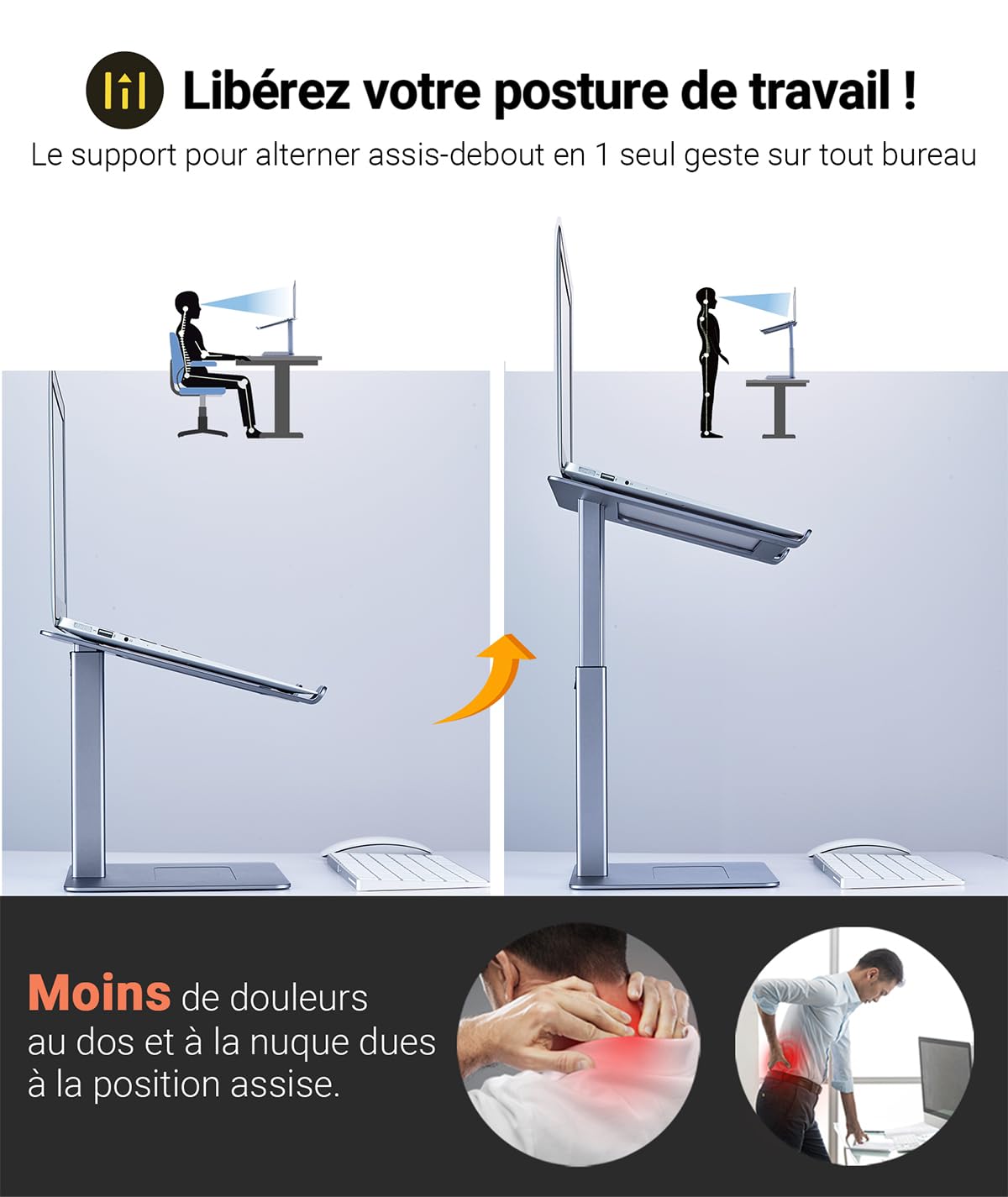 Support PC Portable Assis Debout Ergonomique - 16 Niveaux Hauteur pour DJ, Télétravail, Visioconférence - Compatible Ordinateurs 13-16 Pouces, Gris