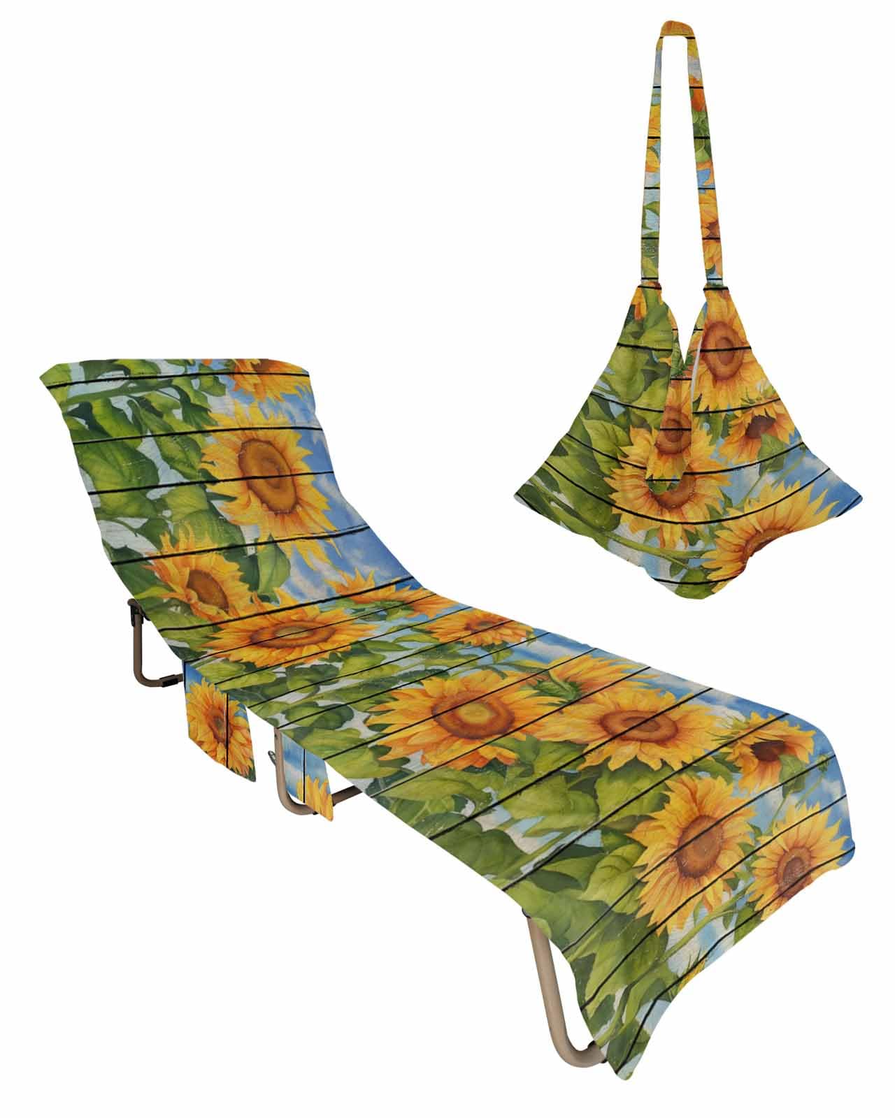 Sunflowers Beach Lounge Chair Towel Cover, Soft Chaise Lounge Towel with Side Pockets Patio Pool Chairs Cover for Beach/Pool Sunbathing 29x85 Watercolor Summer Flowers Botanical Vintage