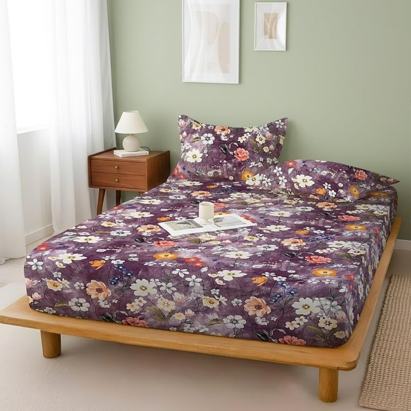 Image of Avinya 250 TC Premium Cotton Feel Elastic Fitted Double King Size Bedsheet with 2 Pillow Covers |78 inch x 72 inch| Fits up to 6-Inch Mattress |Phol Purpule