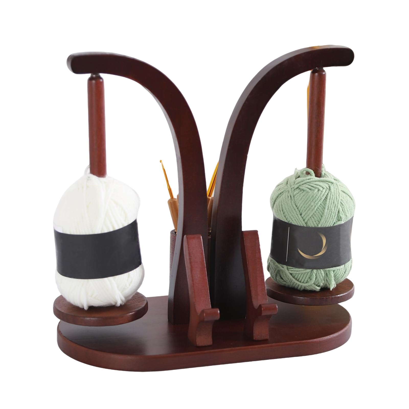 Svolgitore di lana magnetico, multifunzionale, supporto per lana in legno con contenitore e supporto per cellulare, supporto in lana rotante, doppio supporto per gli amanti del uncinetto e degli