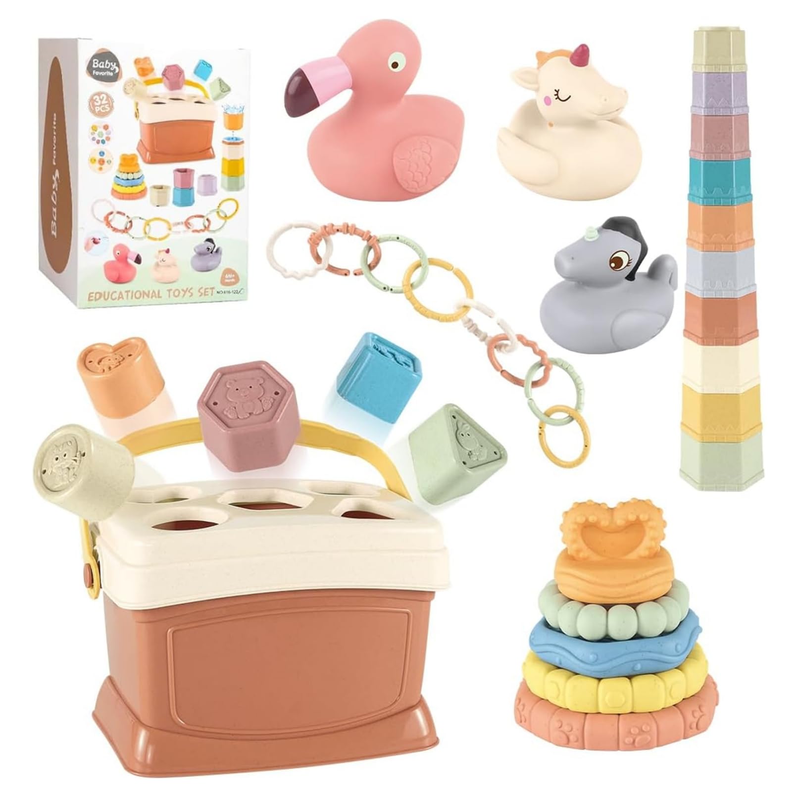 AM ANNA5 in 1 Montessori Toys for Babies 6-48 Months,Stacking Cups,Rings Toy Links,Soft Stacking Rings,Blocks Set,Soft Animals Toys for Toddlers 1-3 Year Old Boys Girls Infant Bath Time