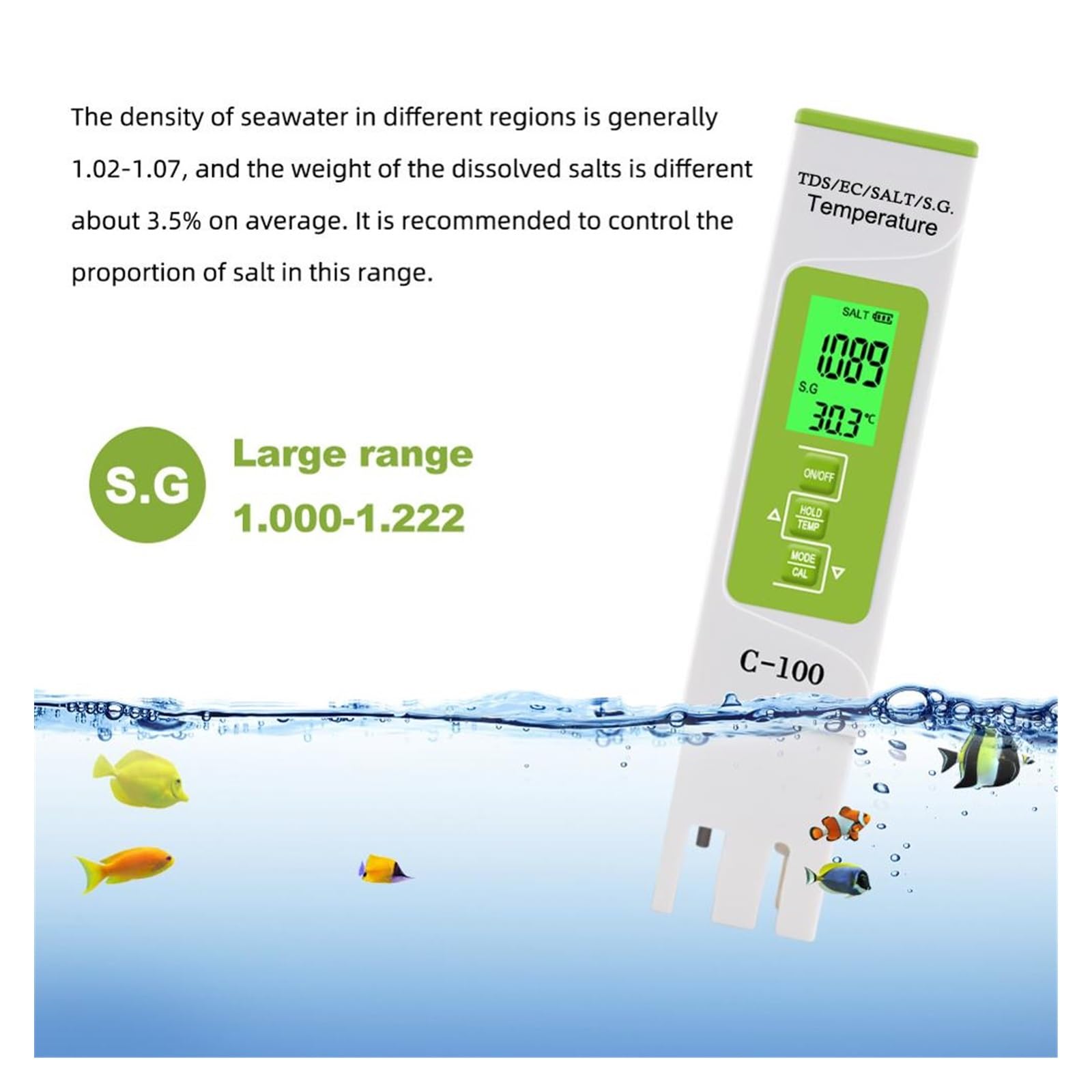 Testeur de qualité de l'eau 5 en 1 TDS/EC/salinité/SG/température, Type Stylo Portable, ph-mètre for Aquarium et Piscine(TPH01601)
