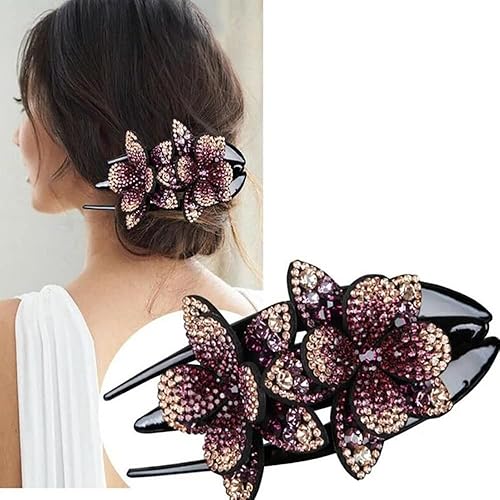 Miniatura 5 de Clip de pelo de diamantes de imitación de doble flor para mujer, pinzas de pelo de lujo de cristal, accesorios decorativos largos gruesos para el