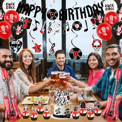 Image of Crenics Rock and Roll Birthday Party Decorations with Happy Birthday Banner | Hanging Swirls, Cake Toppers and Balloons for Music Rock & Roll Party Supplies