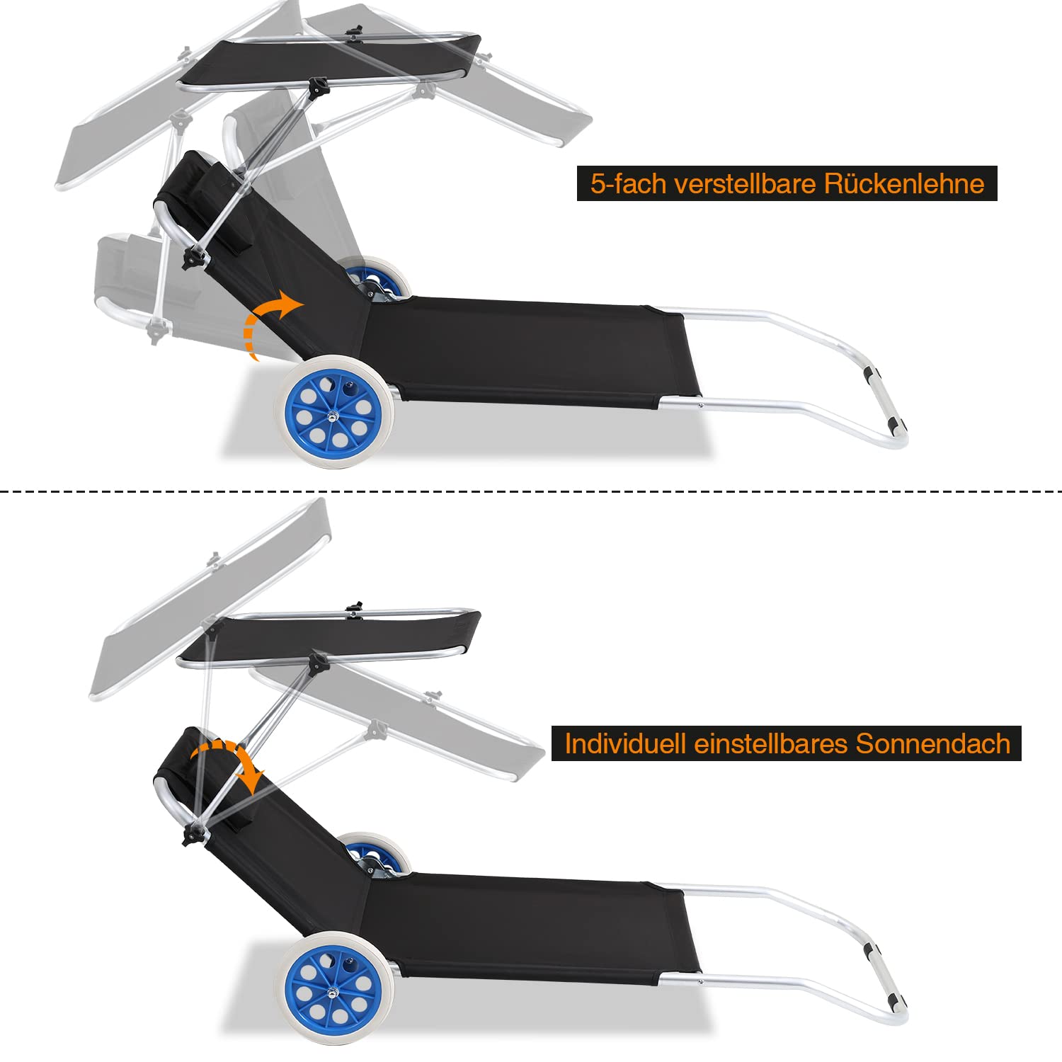 Sdraio Spiaggia Con Ruote E Tettuccio - Pieghevole, Regolabile, Cuscino, Nero/Grigio
