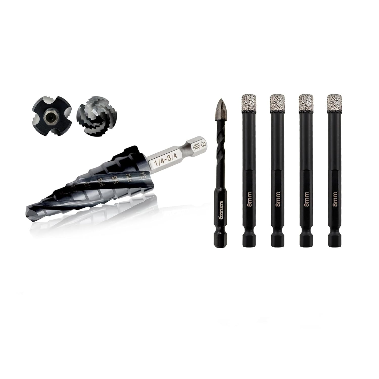 Step Drill Bit,9 Steps Size Four Spiral Flute M35 Cobalt Step Core Bit with 1/4" Quick-fit Hexagon Shank Hole Saw for Metal,Stainless Steel,Aluminum,Wood, Plastic, Copper