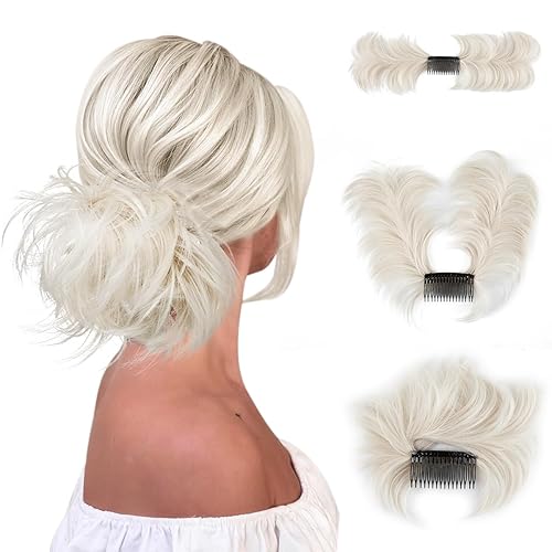 Miniatura 30 de Pieza de pelo de moño desordenado con peine lateral para mujer, clip en el moño de pelo para mujer, pelo corto natural liso, estilos ajustables Sal
