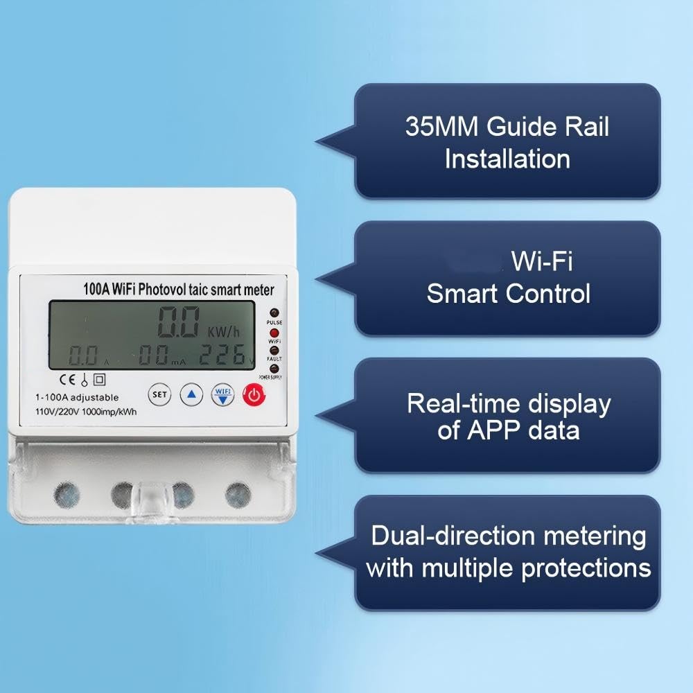 Contatore Elettrico Intelligente WiFi 100A, Misurazione Energia Bidirezionale/Controllo Remoto/Protezione da Sovratensione e Sottotensione, Monitor di Potenza Monofase 4P 110/220V