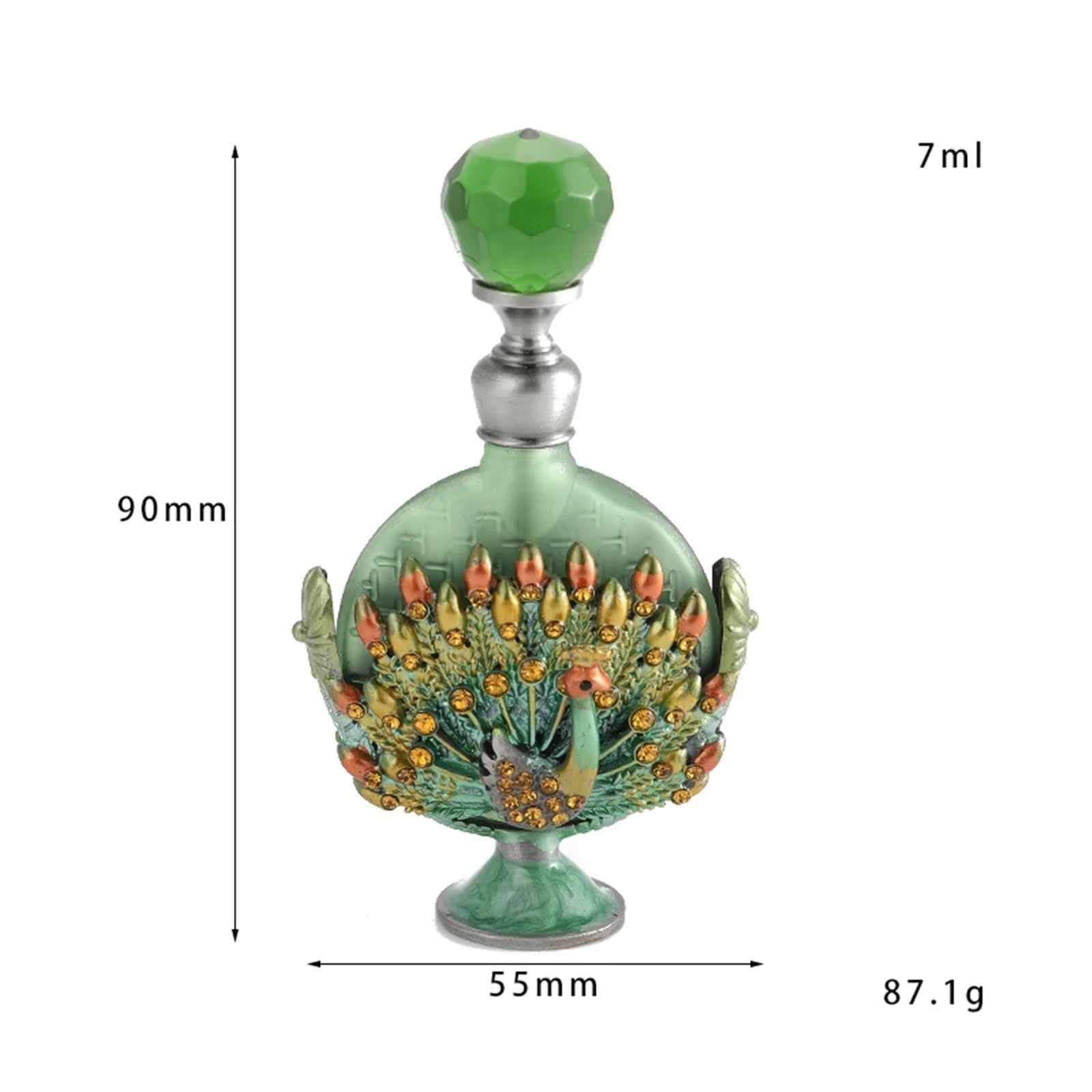 1 Stück Vintage 7 ml Pfau nachfüllbar leere Parfümflasche Metall Emaille Display Dekor Smaragd Kappe grün Glas Tropfer Geschenk Für Den Täglichen Gebrauch