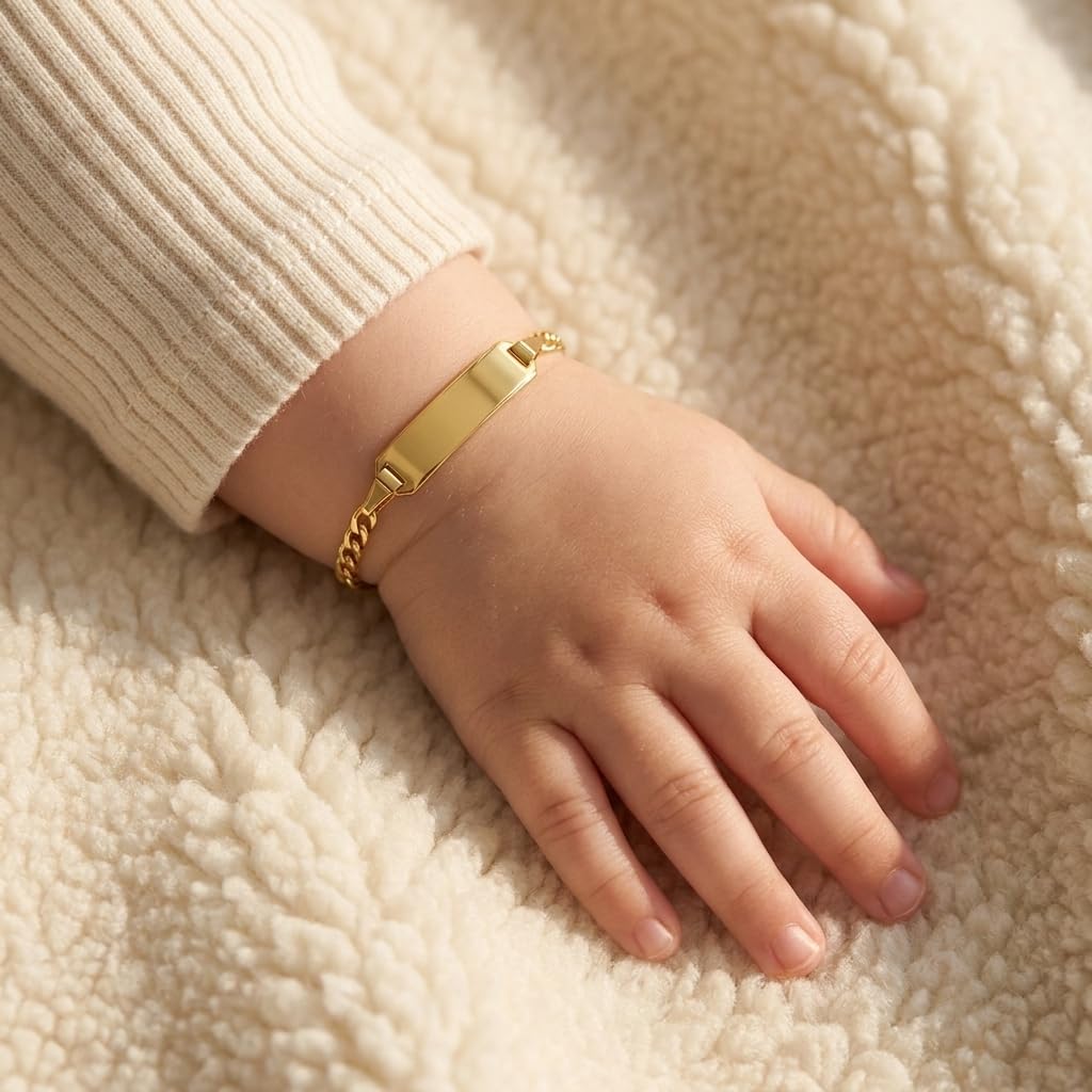 JC Schmuck 585 Gold Baby ID-Armband Kinder Goldarmband 14 cm I Figaro Armband mit Gravur I Gold Namensarmband I Babyarmband mit Namen I Kinderschmuck made in Germany I 5.53052