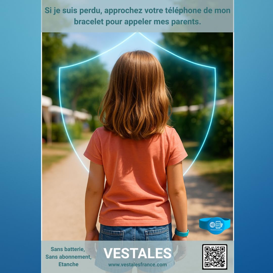 Bracelet Sécurité Enfant NFC Identification Urgence sans Batterie Fabrication Française Bleu 1 Pièce