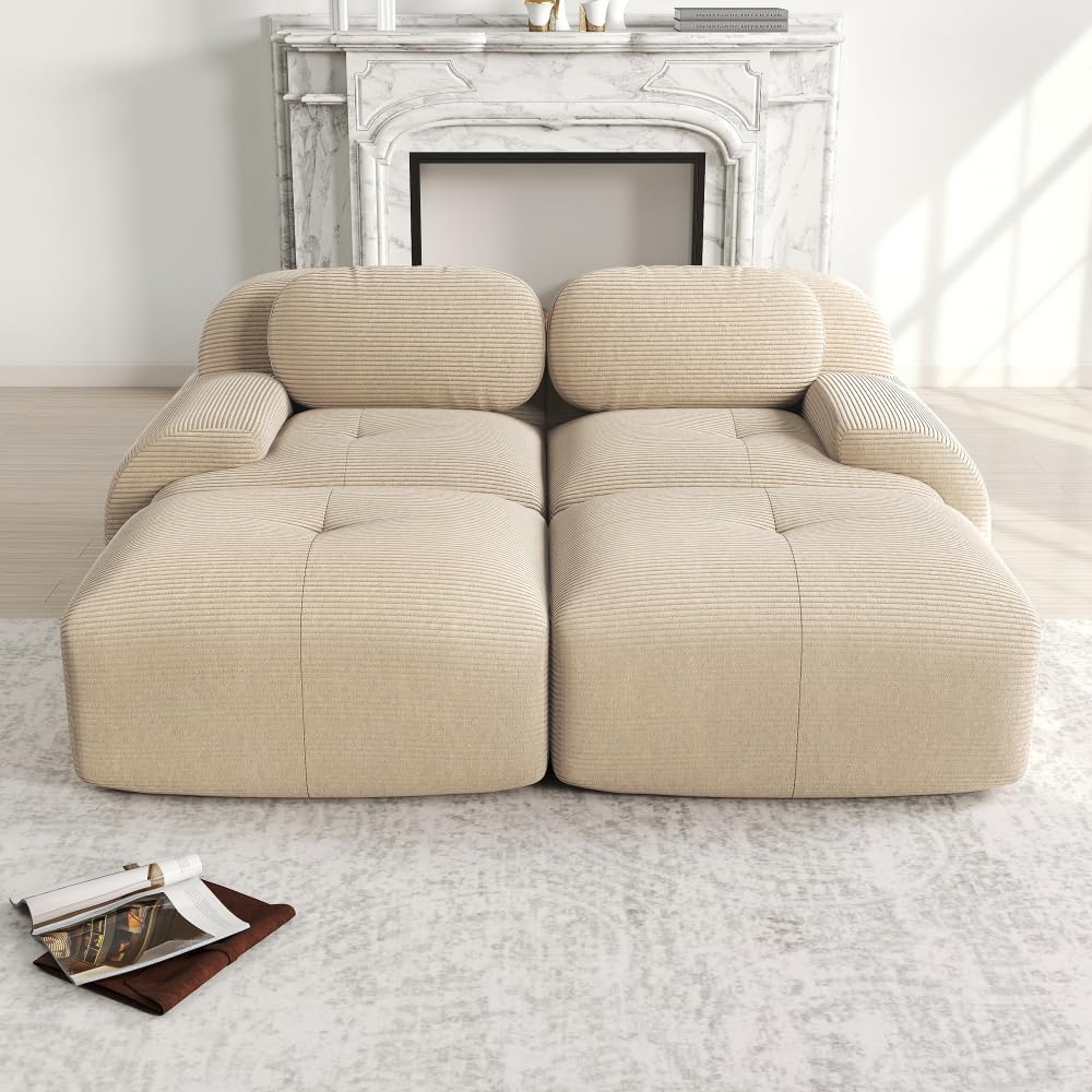 Canapé 2 Places Modulable Velours Côtelé Beige Ergonomique