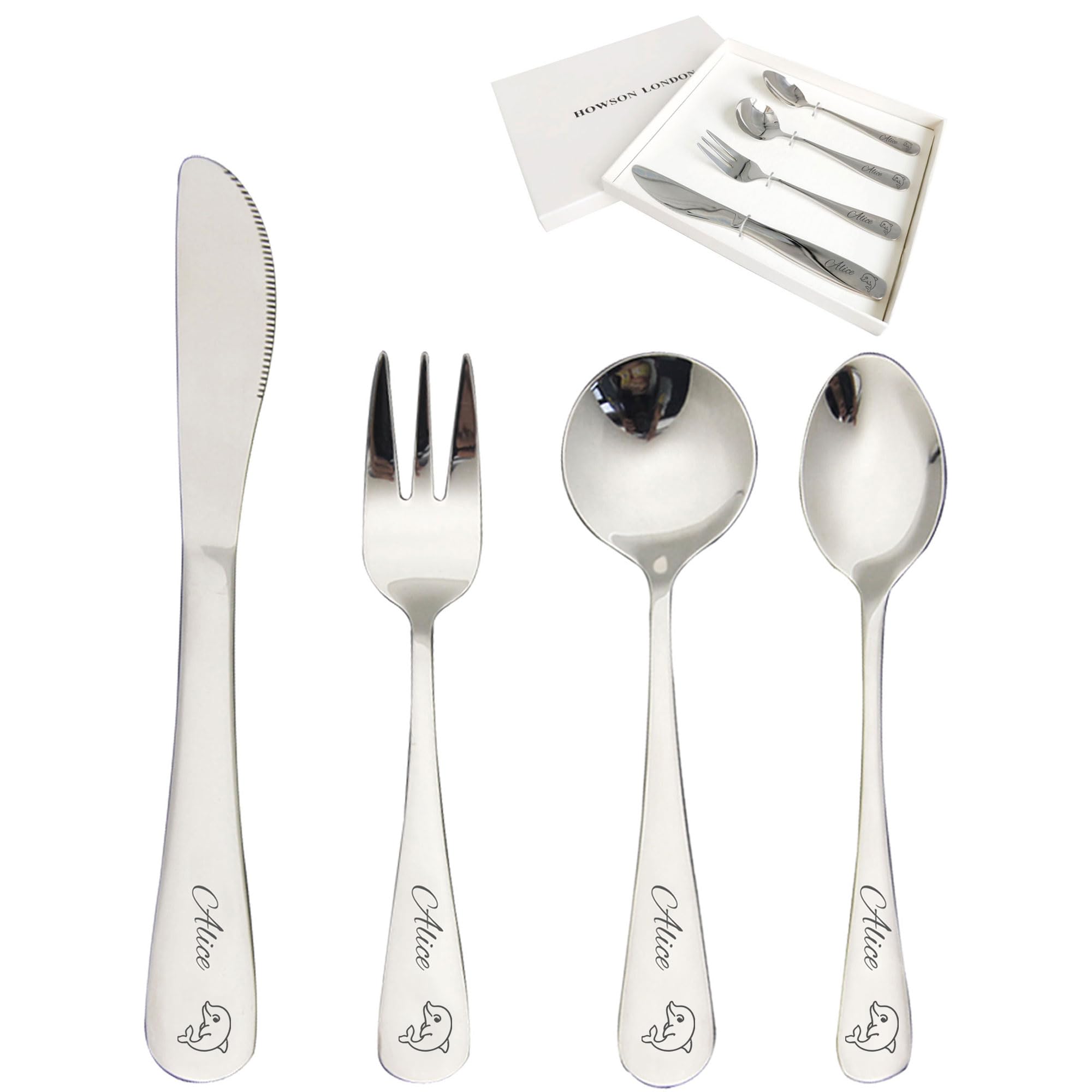 Personalized Cutlery Set for Kids Children Toddler Cutlery 4pcs Engraved Knife Fork Spoon Stainless Steel Cutlery Set Christening Christmas Gifts for Boy Kids Girls Cutlery Gifts (Dolphin)