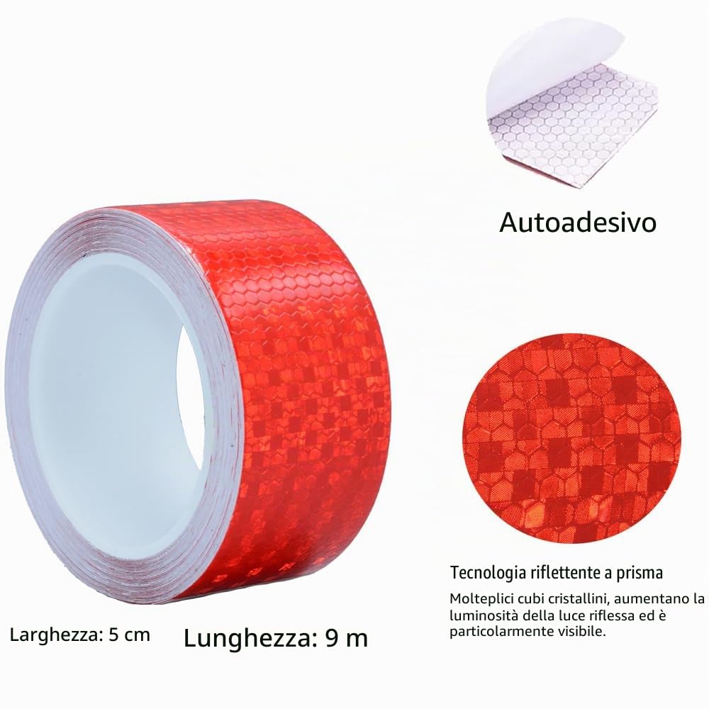 Nastro Riflettente Rosso, 5 cm x 10 m Nastro Riflettente Autoadesivo, Alta Visibilità, Impermeabile, Interno/Esterno, Veicolo, Marcatura e Avvertimento