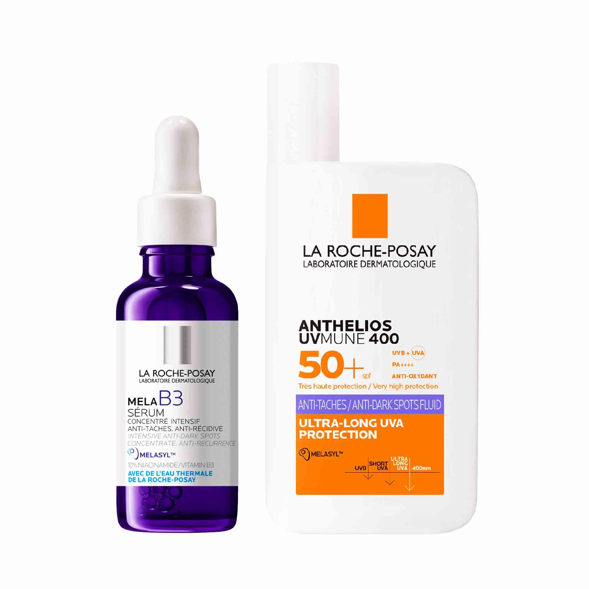 La Roche-Posay Set mit Mela B3 Serum und Anthelios UVMune 400 Anti-Pigmentflecken Fluid, Bei Hyperpigmentierung, Mildert Pigmentflecken & unebenmäßige Haut, Mit Melasyl, Mexoryl & LSF50, 30 ml + 50 ml