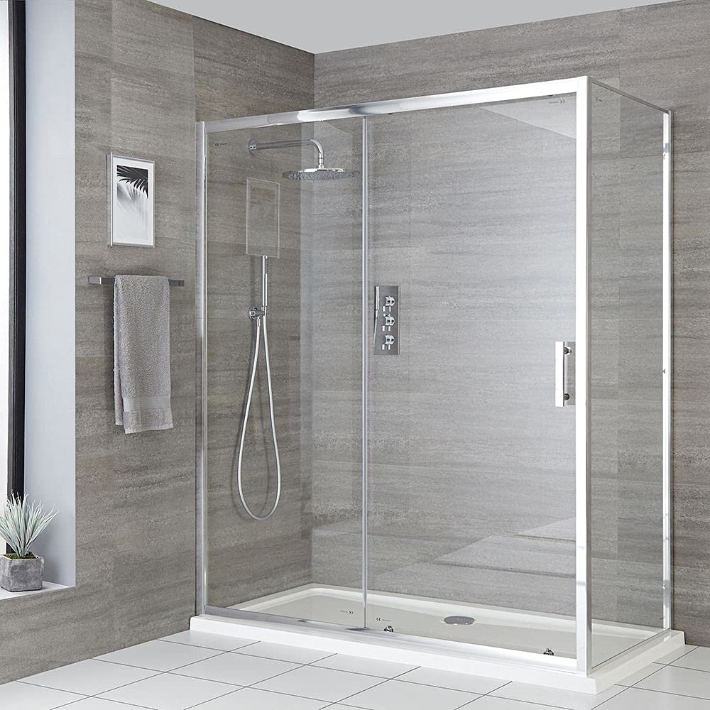 Milano Portland Chrome Corner Walk in Sliding Door Shower Enclosure and White Tray - 1400mm x 800mm