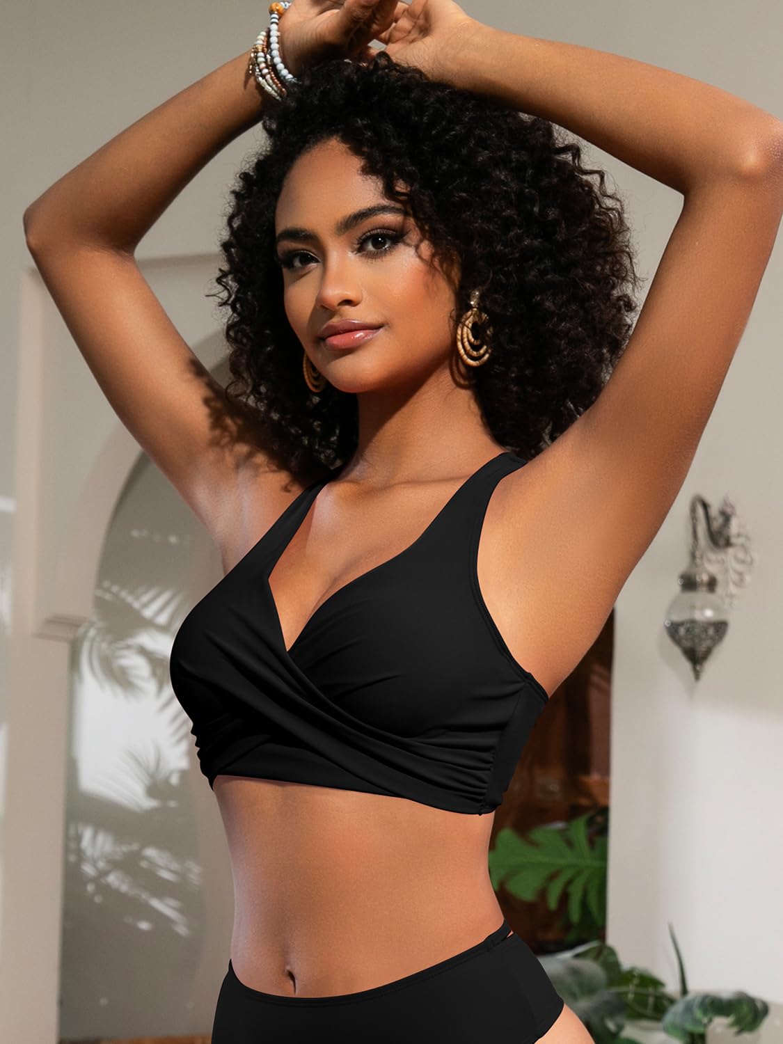 SHEKINI Top de Bikini para Mujer con Espalda Abierta Plisada Cruzada Push Up Cuello en V Ajustable Ropa de Playa