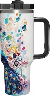 Stainless Steel 40oz Tumbler Travel Mugs, Color Peacock | Double Vacuum Insulated Tumbler with Straw with Handle and Straw Lid,Water Bottle for Iced Tea,Coffee,Cold Beverages