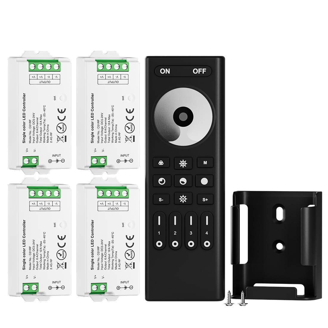 BTF-LIGHTING 5050SMD FCOB COB Dimming RF Remote RC01RFB &4PCS C01RF Tuya Controller Kit 4 Zones RF 2.4GHz Wireless Group Control PWM Single Color (+V -V) 2pin LED Neon Rope Light DC5V DC12V DC24V — image 1