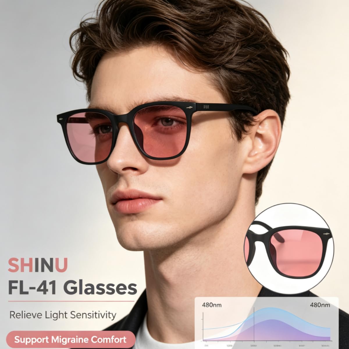 SHINU FL-41 - Gafas de migraña antiparpadeo para hombre, lentes rosas