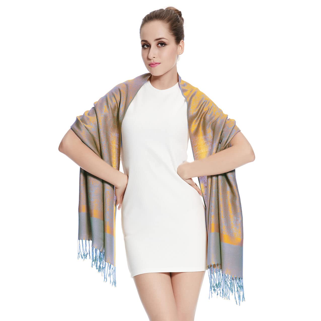 SILVERFEVER Women's Shawl Vintage Jacquard Paisley Pashmina Special Occasion Wrap Evening Scarf Double Sided Stole (Beige/Royal)