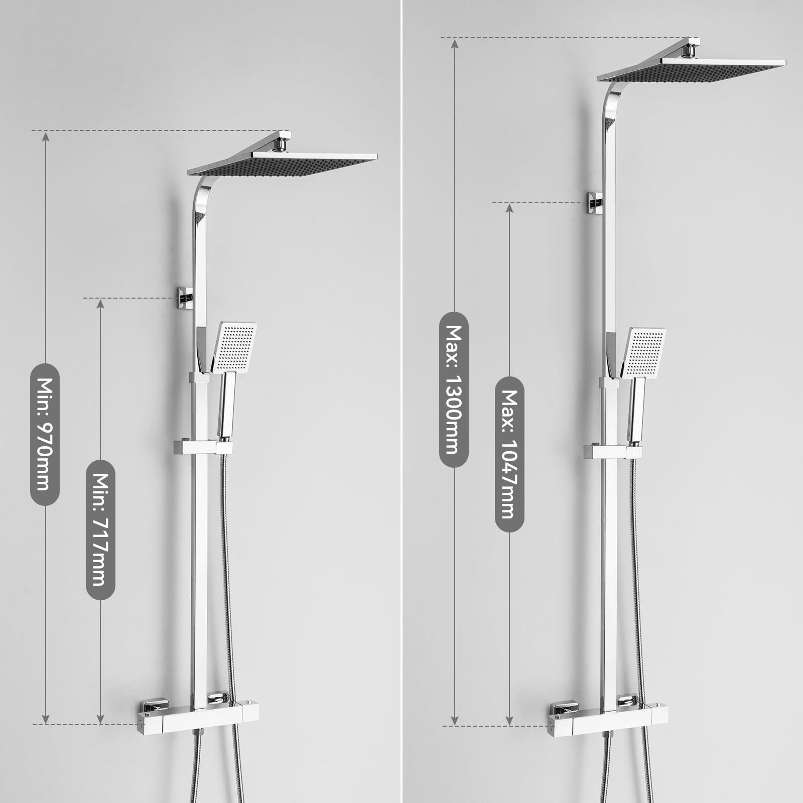 Auralum Colonna Doccia con Miscelatore Termostatico, Miscelatore Doccia con Saliscendi Doccia in Acciaio Inox Altezza Regolabile 97-130cm, Asta Doccia con Soffione Doccia Quadrato 25cmx25cm e Doccetta