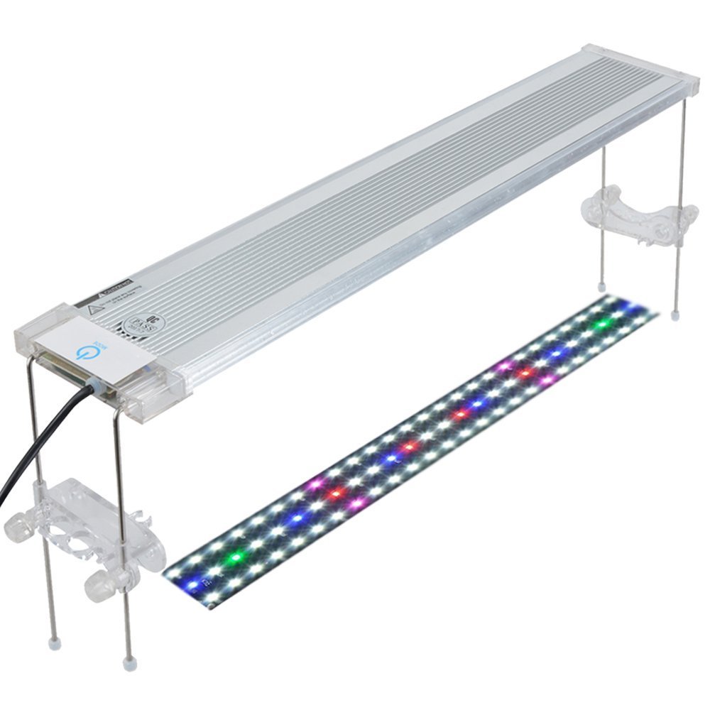 Pawfly LED Aquarium Light mounted on a tank, with a finger pointing to the touch-sensitive mode button, and text indicating '7 Optional Modes' and 'Adjust Brightness'.