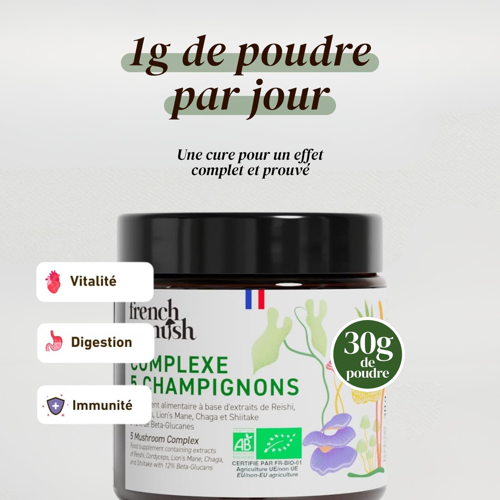 Complexe 5 Champignons Bio en Poudre Vegan - Lion's Mane, Reishi, Cordyceps, Shiitake, Chaga - Digestion, Bien-Être - 1 Gramme Par Jour - Testé en Laboratoire - Fabriqué en France