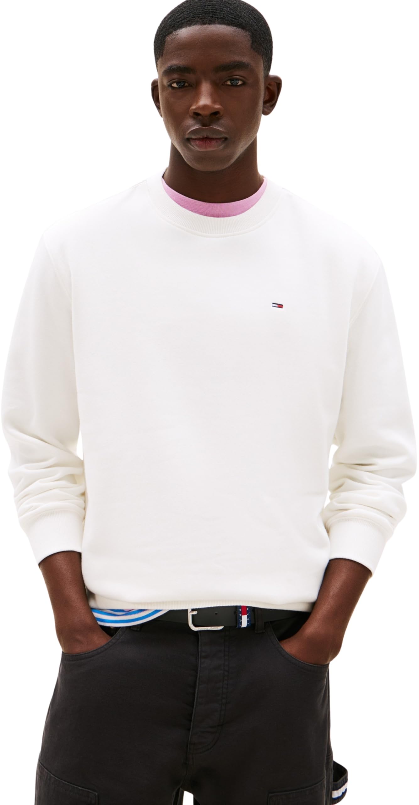Tommy Jeans Herren Sweatshirt Regular Fit Flag Fleece Rundhalsausschnitt, Weiß (Ecru), M