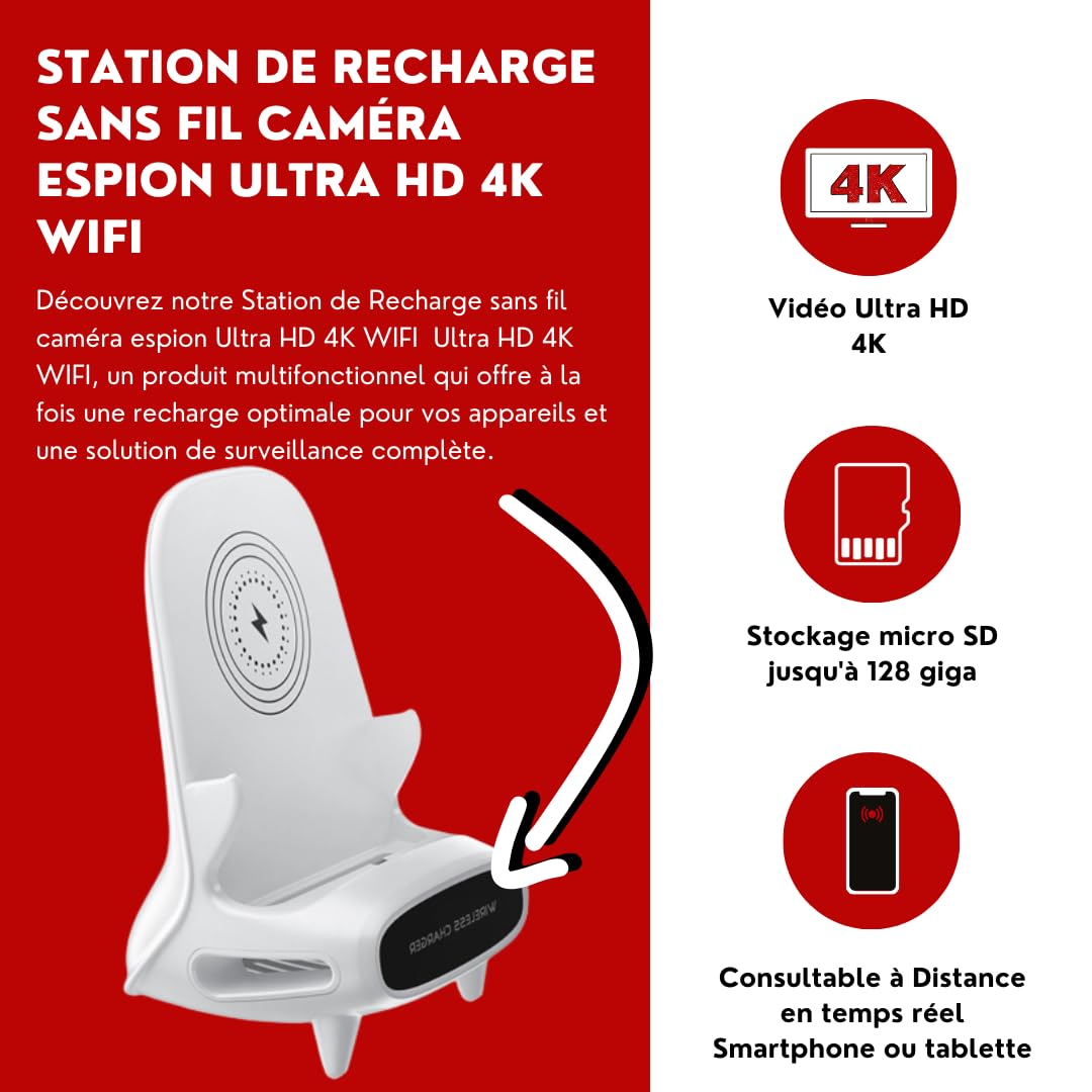 Générique Bezprzewodowa stacja ładująca kamera szpiegowska Ultra HD 4K WiFi