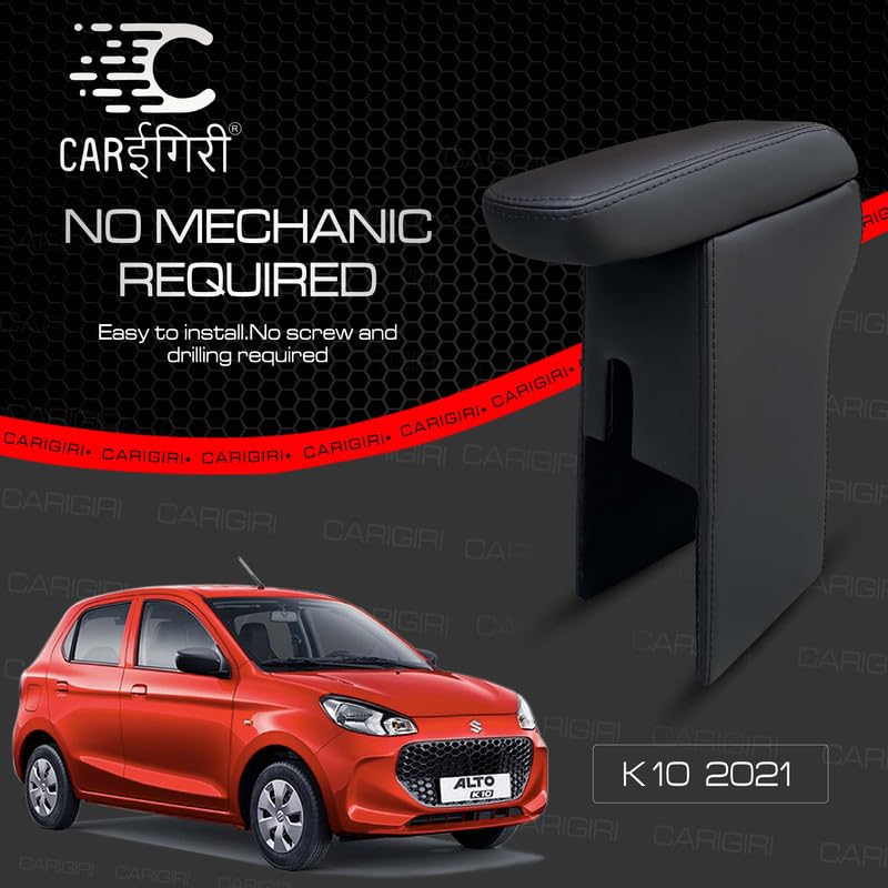 Image of Carigiri Premium Finish Car Armrest with Storage Box And High Density Moulded Foam For Alto K10 (Models-2021-2025) (Black Seam,Nappa Leatherette)