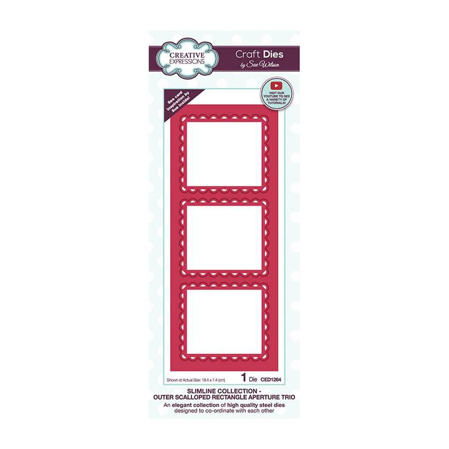 Creative Expressions Metal Sue Wilson-Slimline Outer Scalloped Rectangle Aperture Trio-Craft Die, Size 18.4 X 7.4 Cm, Ced1264