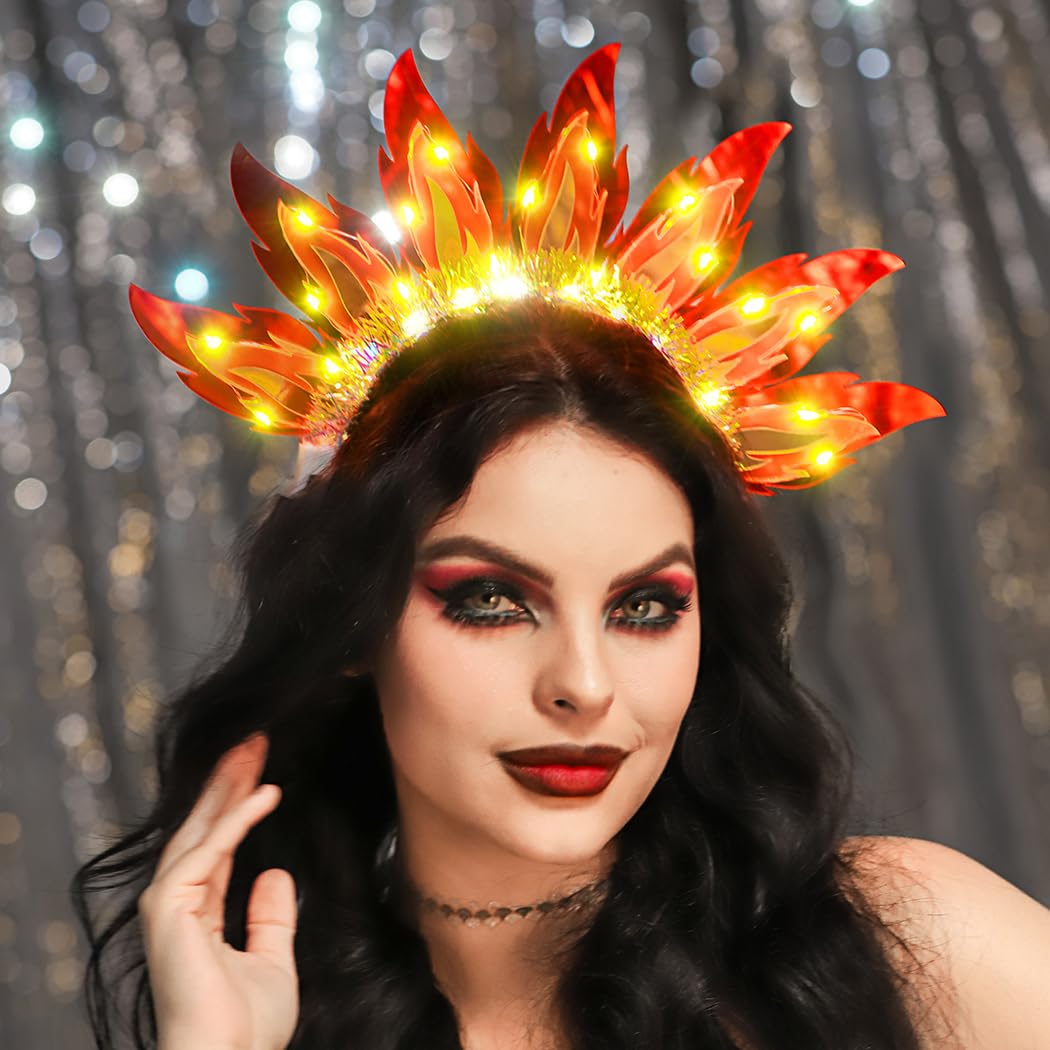 Handcess Light up Fire Headband LED Festival Flame Hair Band Glowing Hair Accessories Party Rave Costume Hair Hoop for Women