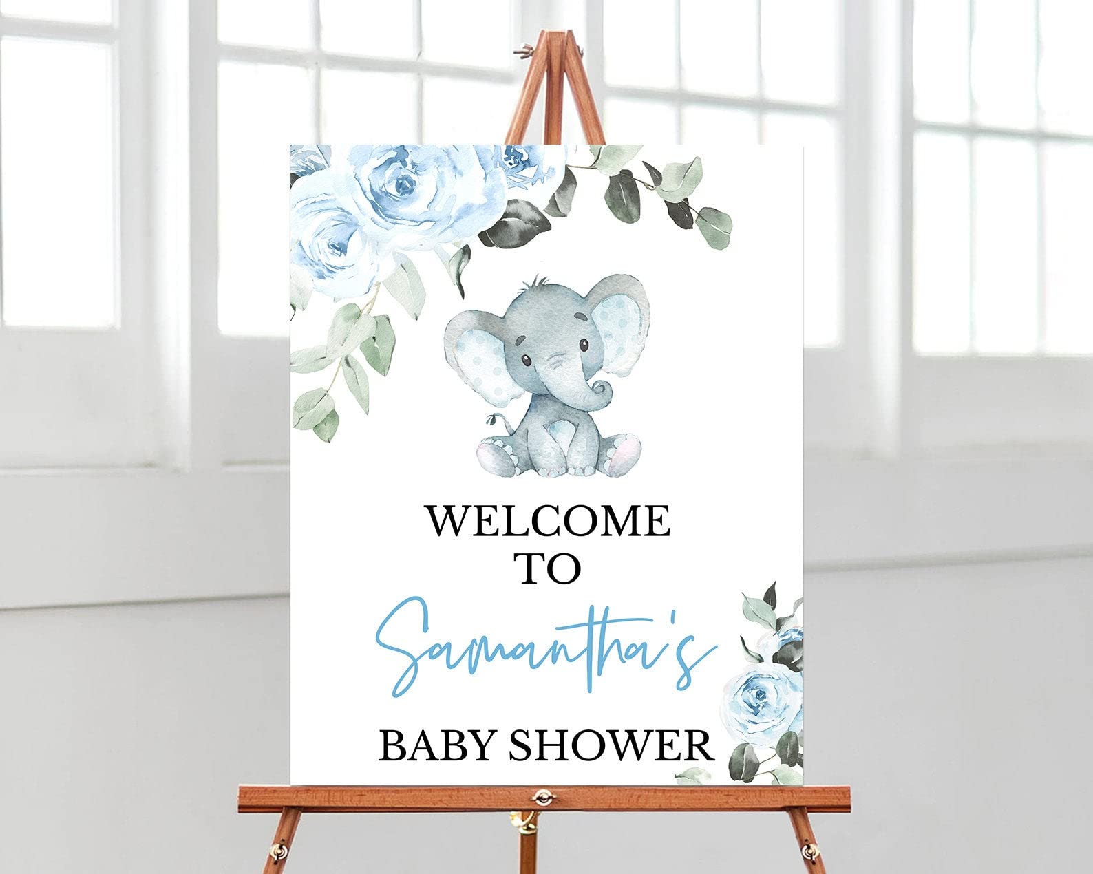 Personalized Blue Floral Elephant Welcome Poster - Baby Shower Decorations Banner