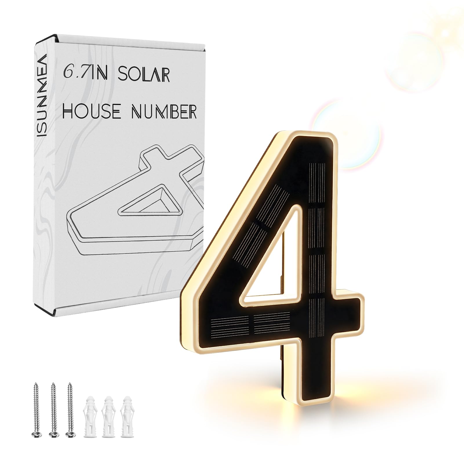 Photo 1 of ISUNMEA 6.7 Inch Solar Lighted House Numbers for Outside, Light Up Waterproof LED Address Signs for Houses, Backlit Illuminated Exterior Modern House Numbers Light (4-Black, 6.7IN)