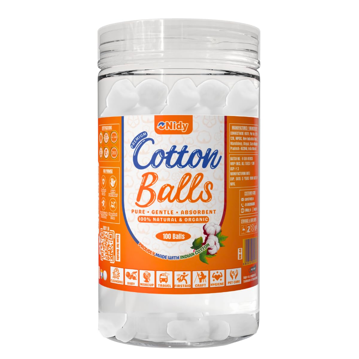 NIDY® 100% Pure White Cotton Balls | Natural, Hygienic, Soft & Absorbent Cotton for Baby Care, Makeup, Skincare, First Aid & Household (100 pcs in Reusable Airtight Jar)-image-11